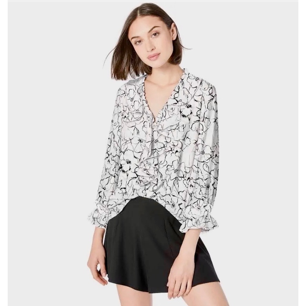 Karl Lagerfeld Paris Womens White Black Floral Ruffle V-Neck Blouse XS